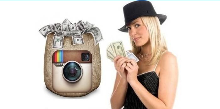 Una bolsa de dinero con un logotipo de Instagram y una chica con dinero en mano