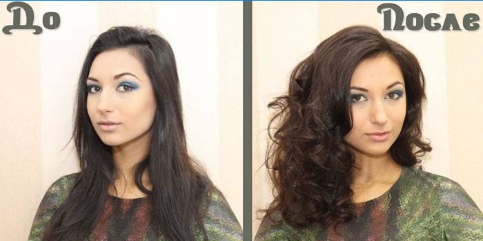 Foto de una chica con cabello oscuro antes y después de tonificar
