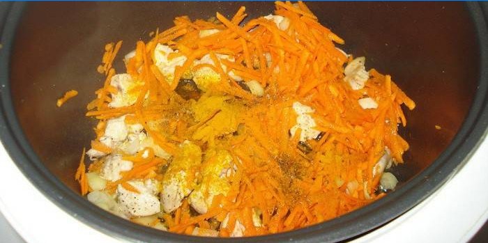 Carne de pollo con zanahorias en una olla de cocción lenta