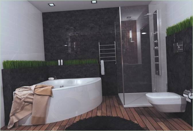 Una bañera esquinera blanca, una ducha de cristal y un inodoro blanco en un apartamento eco-chic de BielorEspaña