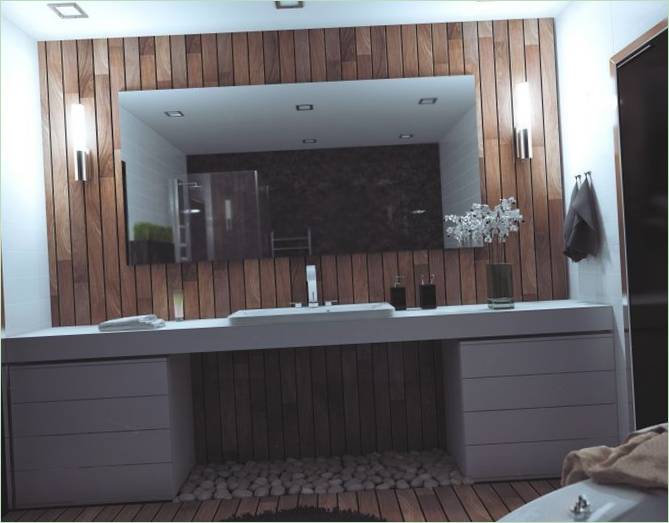 Interior de un cuarto de baño con madera y piedras marinas en un apartamento eco-chic de BielorEspaña