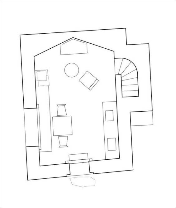 Plano de una cocina en el primer piso de una casa con chimenea