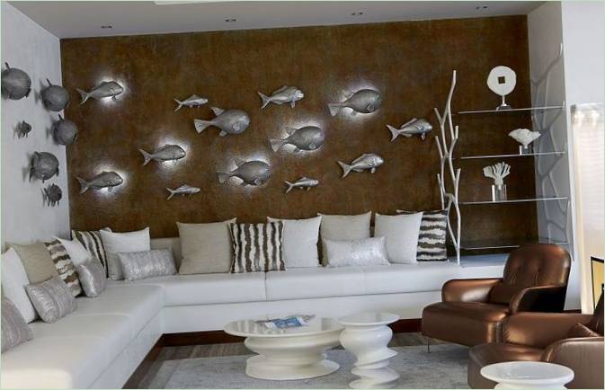 Instalación tridimensional de peces en el salón de la villa