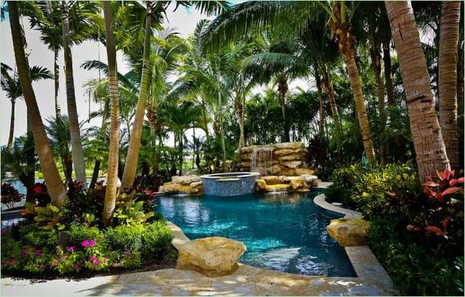 Una piscina tropical rodeada de vegetación
